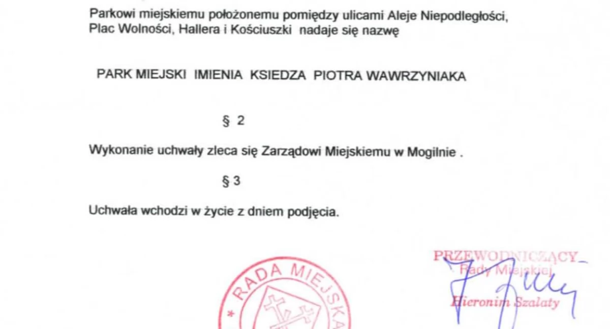 Urzędnik nie popełnił błędu - park w Mogilnie nosi imię ks. Piotra Wawrzyniaka. Uchwała została podjęta w 2002 roku