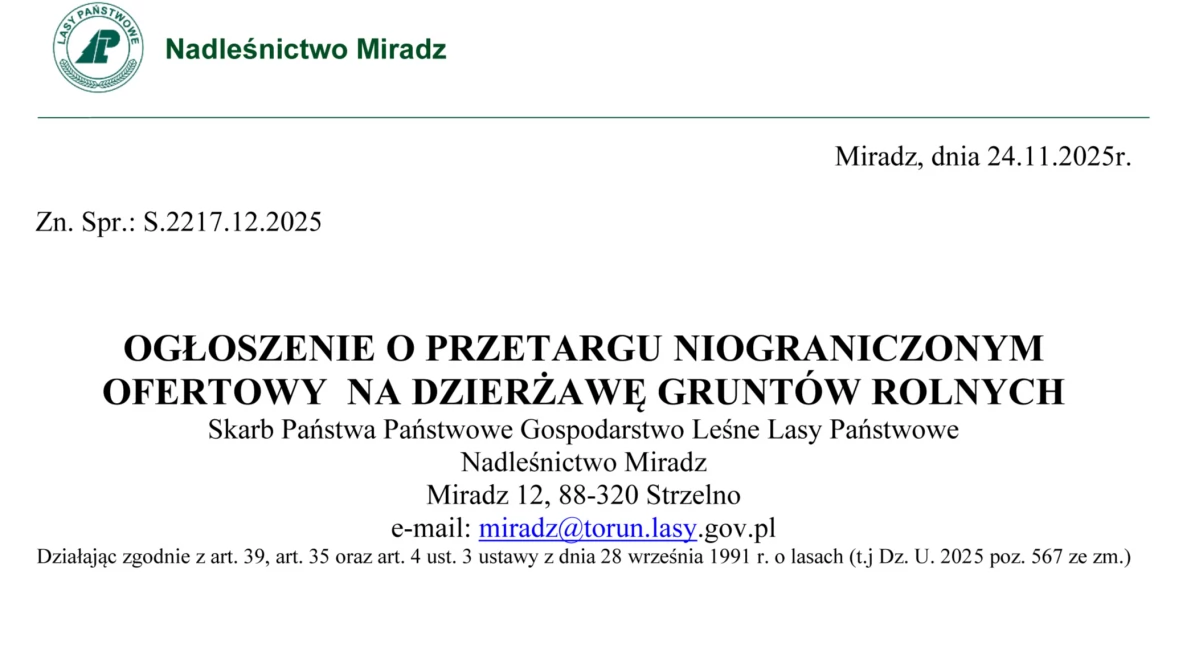 OGŁOSZENIE O PRZETARGU NIEOGRANICZONYM OFERTOWYM NA DZIERŻAWĘ GRUNTÓW ROLNYCH