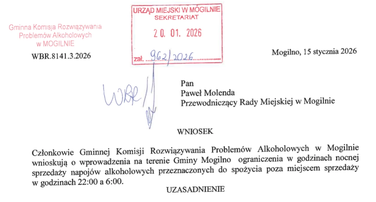 Wpłynął wniosek do Rady Miejskiej o ograniczenie od 22.00 do 6.00 nocnej sprzedaż alkoholu w gminie Mogilno