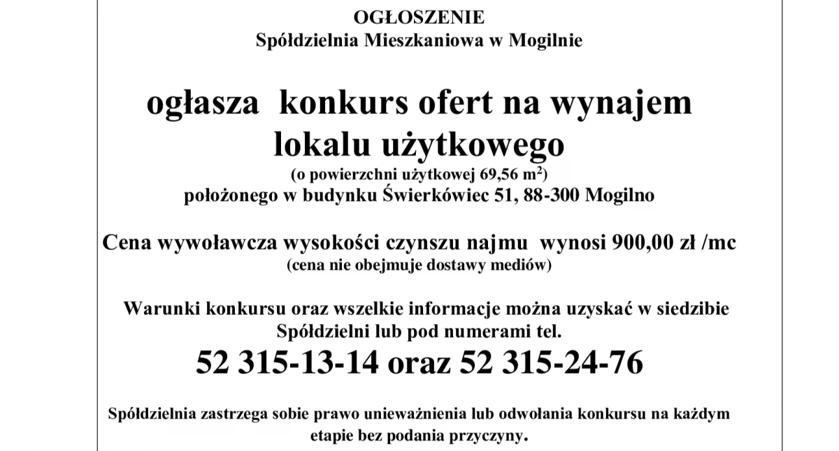 Ogłoszenie Spółdzielni Mieszkaniowej w Mogilnie