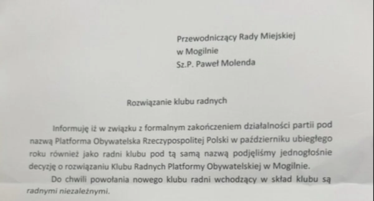 Rada Miejska w Mogilnie - Klub Radnych Platformy Obywatelskiej rozwiązany. Radzym Jankiewicz wystąpił z Klubu Radnych PSL