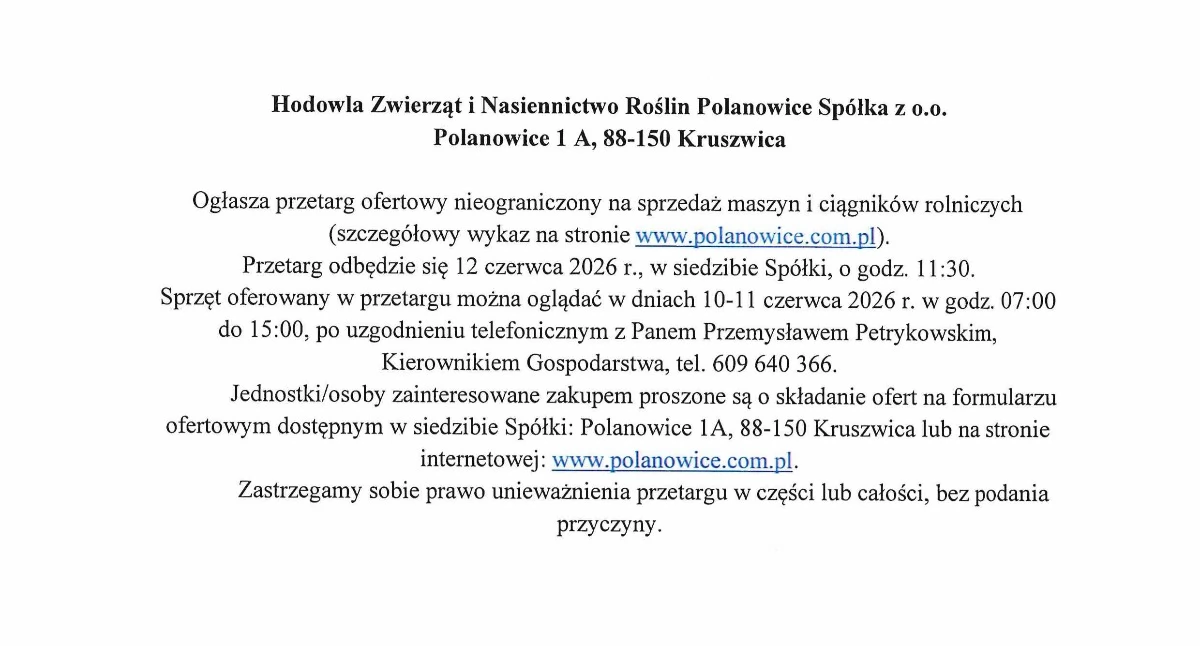 Ogłoszenie Hodowli Zwierząt i Nasiennictwa Roślin Polanowice Spółka z o.o. 