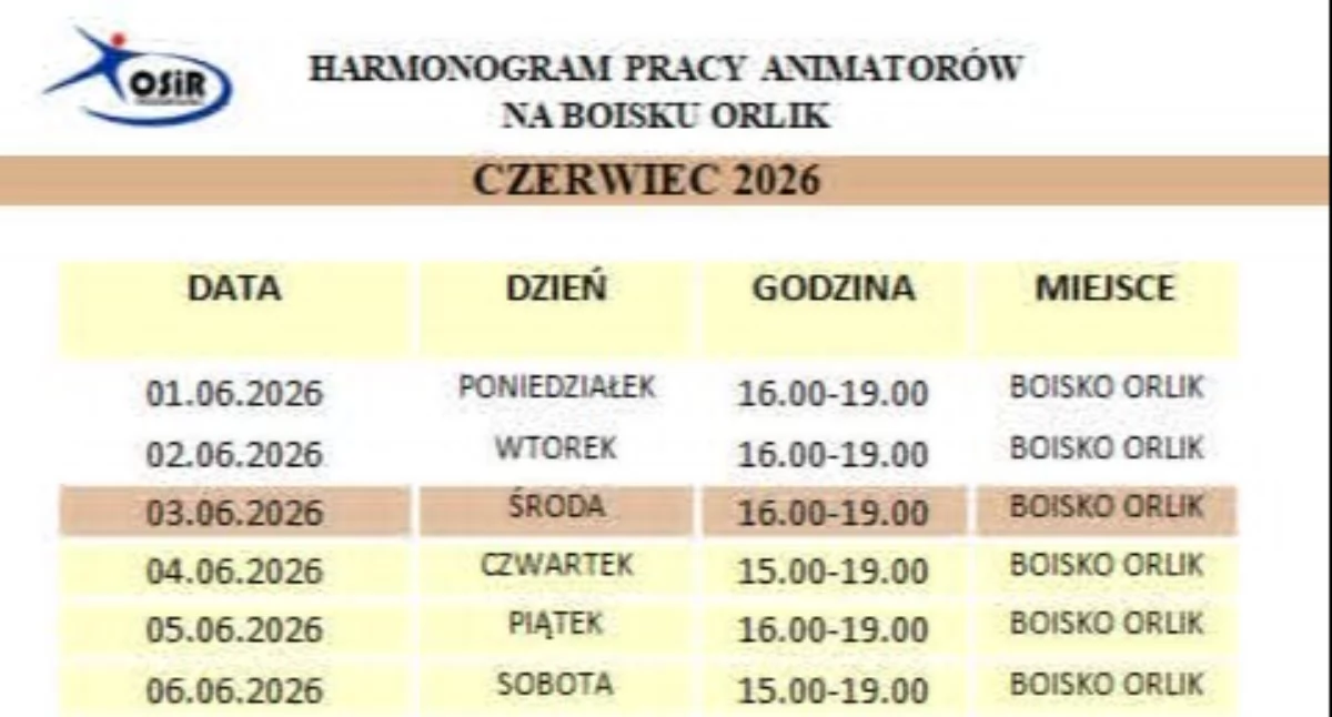 Harmonogram pracy animatorów na boisku Orlik w Trzemesznie na czerwiec 2026 roku