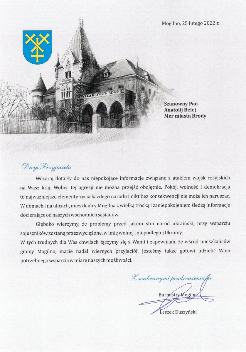 Słowa wsparcia od burmistrza Leszka Duszyńskiego i mieszkańców Mogilna do mera Brodów na Ukrainie