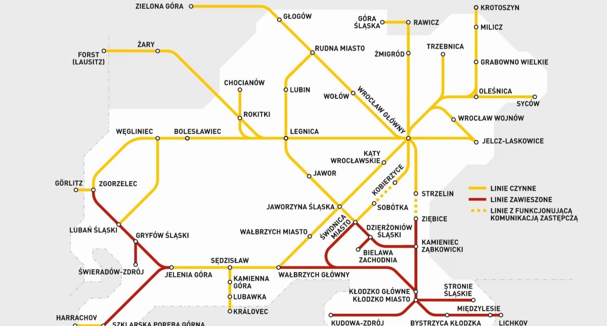 Aktualna mapa sieci połączeń Kolei Dolnośląskich