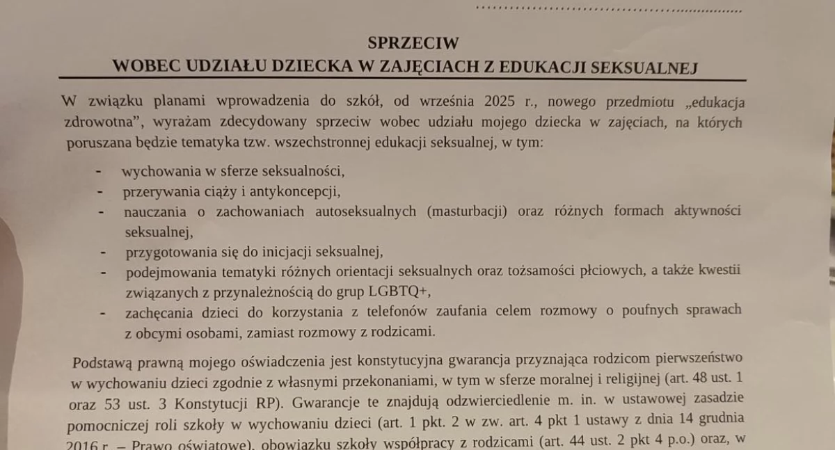 Edukacja zdrowotna w szkołach i kontrowersje wokół deklaracji sprzeciwu edukacji seksualnej w Wołowie