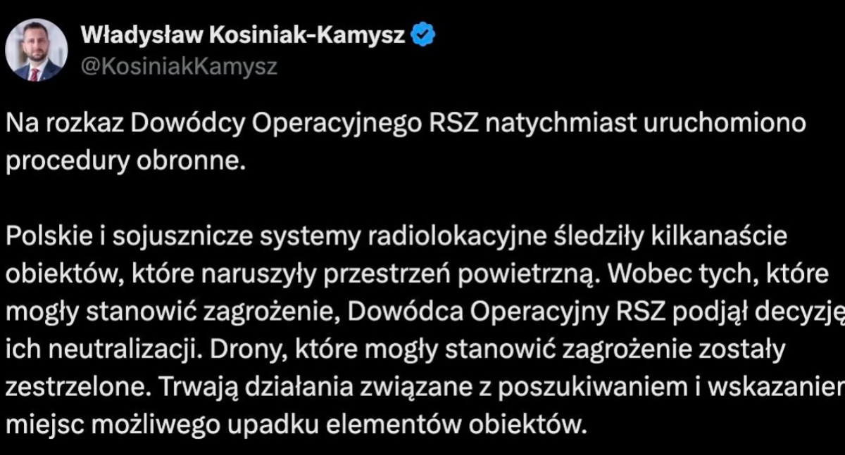 Drony naruszyły polską przestrzeń powietrzną. Część obiektów została zestrzelona