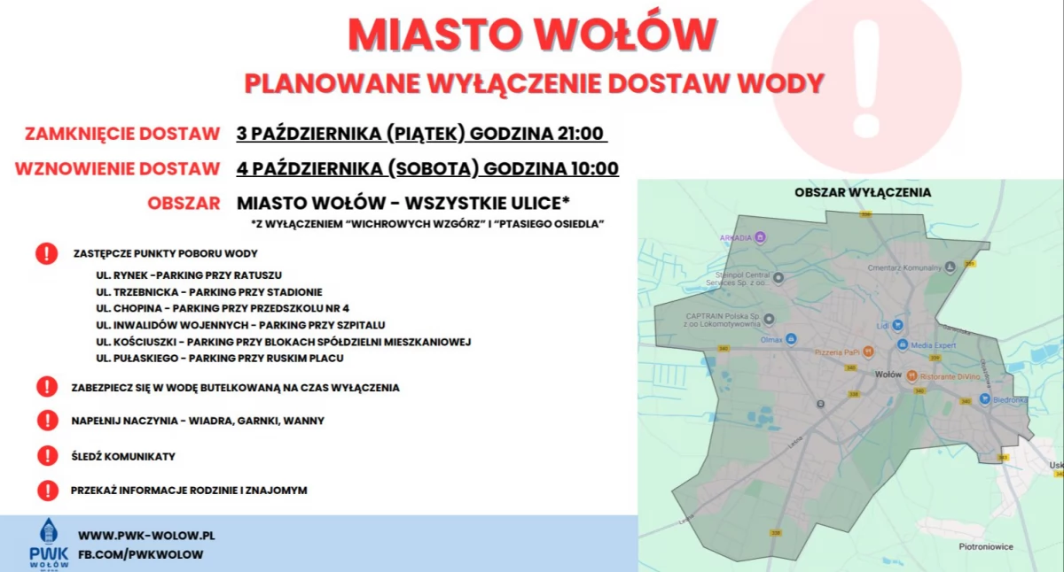Planowane wyłączenie wody w Wołowie – lista punktów poboru