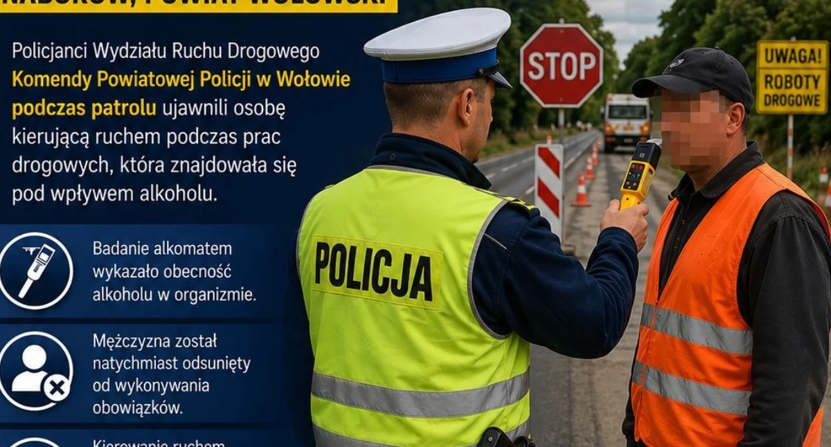 Zamiast dbać o bezpieczeństwo, stwarzał śmiertelne zagrożenie. Pijany „kierujący ruchem” w rękach policji
