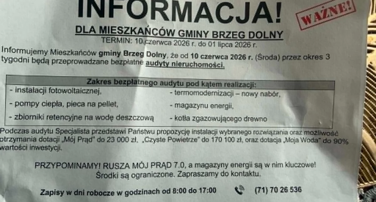 „Bezpłatny audyt’ i dotacje nawet do 170 tys. zł. Mieszkańcy pytają: kto za tym stoi?” 