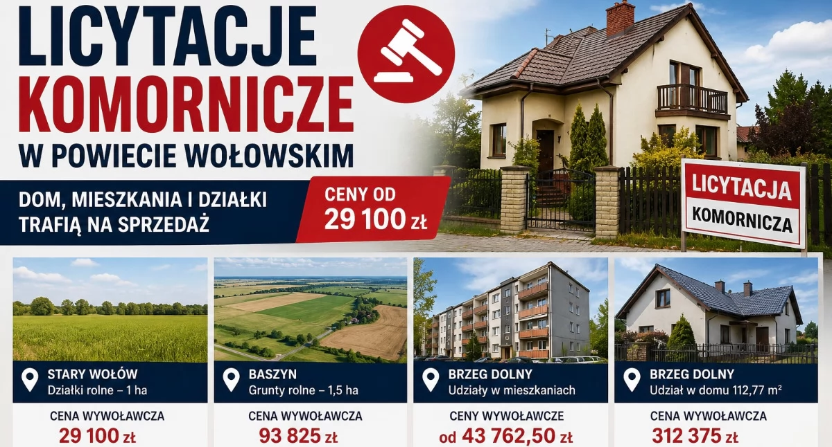 Licytacje komornicze w powiecie wołowskim. Dom, mieszkania i działki trafią na sprzedaż