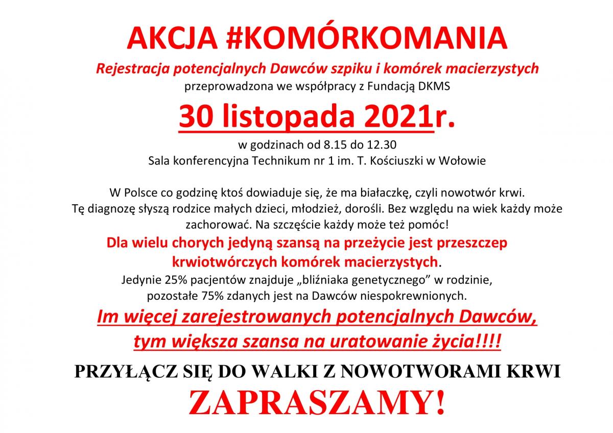 Akcja #KOMÓRKOMANIA. Rejestracja potencjalnych dawców szpiku i komórek macierzystych