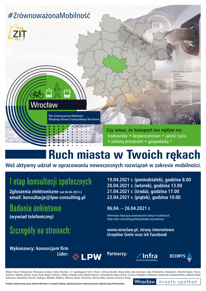Konsultacje społeczne dotyczące opracowania „Planu Zrównoważonej Mobilności dla Miejskiego Obszaru Funkcjonalnego Wrocławia” (PZM MOFW) - Etap I