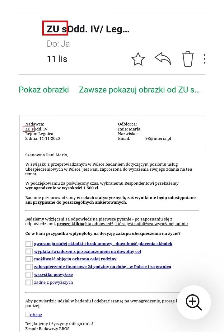 Oszustwo na mail ZUS z ofertą nagrody