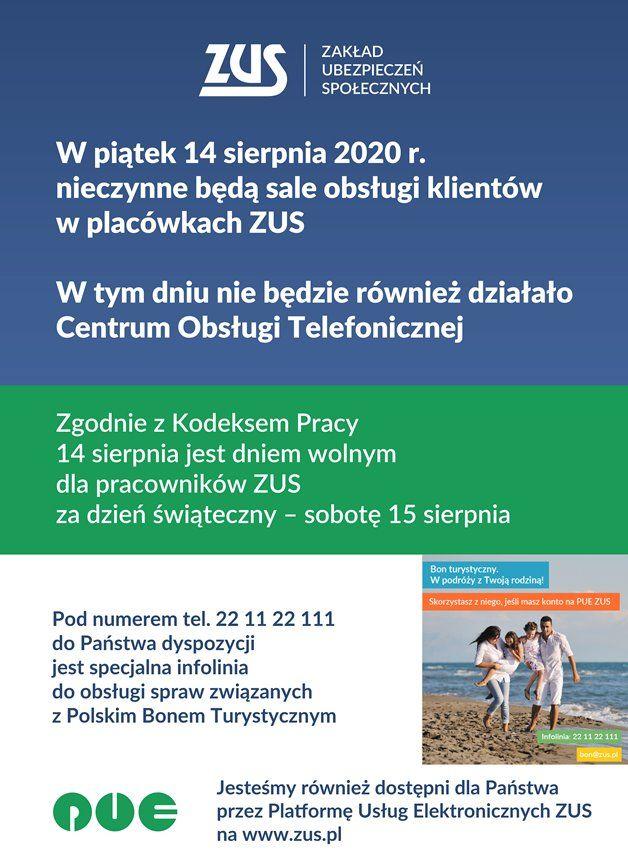 W piątek, 14 sierpnia ZUS nie będzie czynny dla klientów