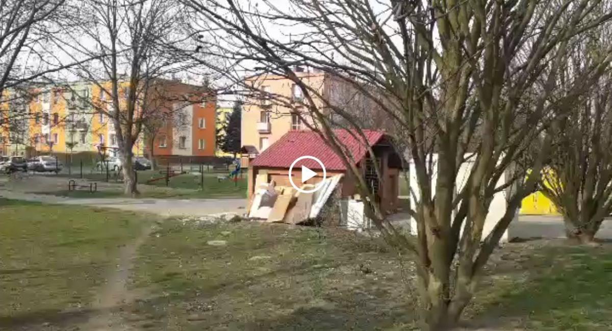 Brzeg Dolny, osiedle Warzyń - takie widoki przy obudowie śmietnika