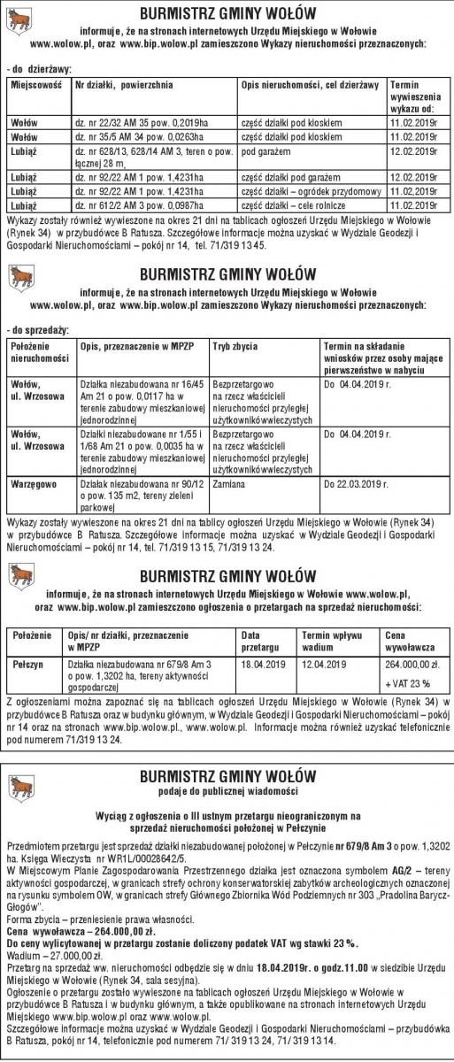 Przetargi w miejscowościach: Wołów, Lubiąż, Warzęgowo oraz Pełczyn. Dzierżawa i sprzedaż