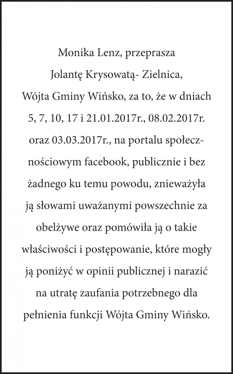 Ogłoszenie płatne - przeprosiny
