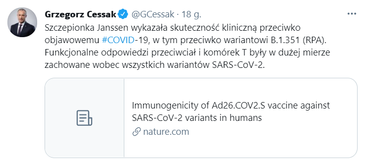 G.Cessak o skuteczności szczepionki J&J na warianty koronawirusa