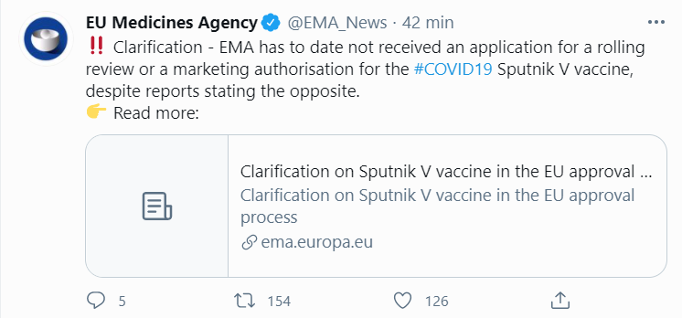 EMA: nie dostaliśmy wniosku o autoryzację szczepionki Sputnik V