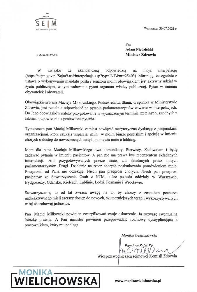 Posłanka Wielichowska żąda przeprosin od wiceministra Miłkowskiego