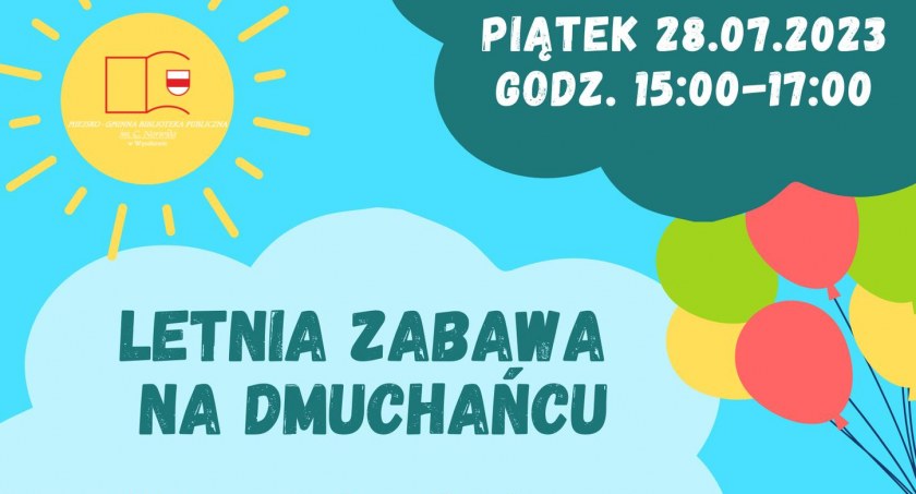 Letnia zabawa na dmuchańcu. Zaprasza biblioteka