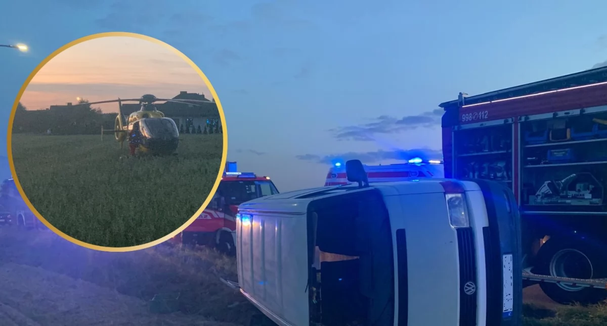Wypadek busa w Leszczydole Pustkach. Lotnicze Pogotowie Ratunkowe na miejscu zdarzenia