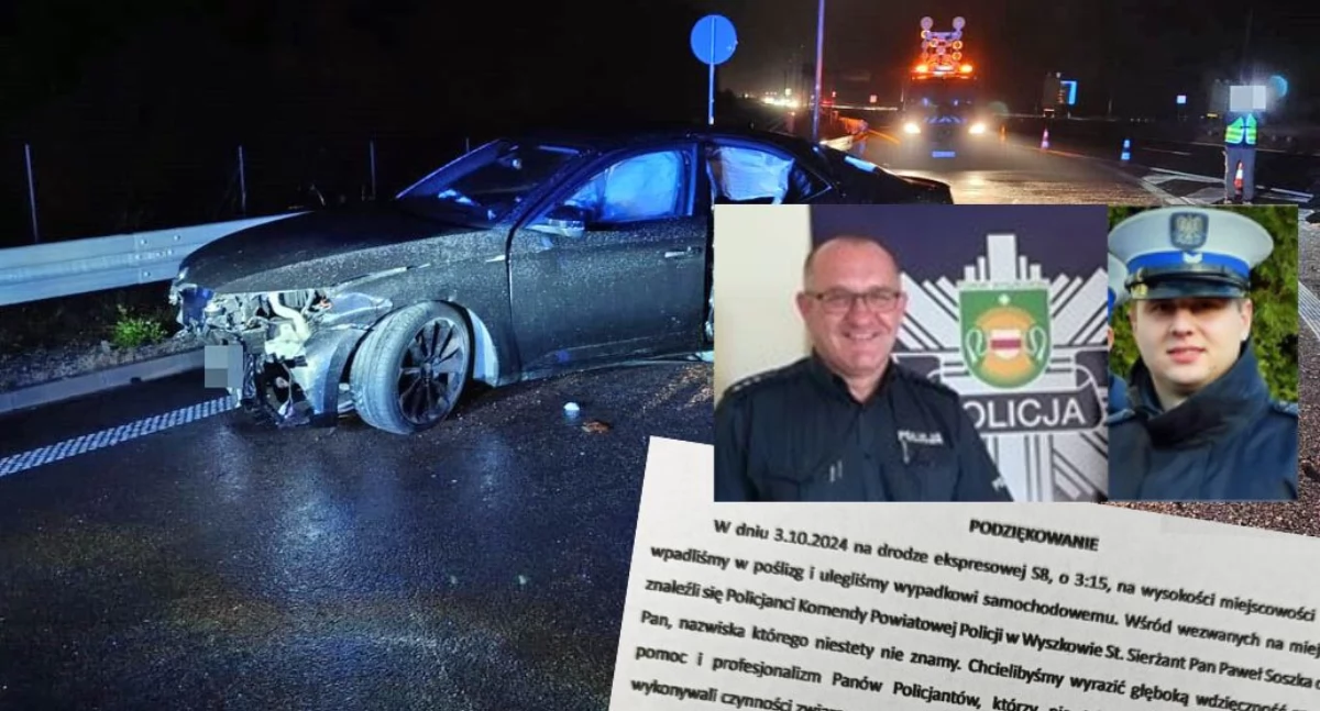 Uderzył w bariery na S8. Teraz dziękuje wyszkowskim policjantom 