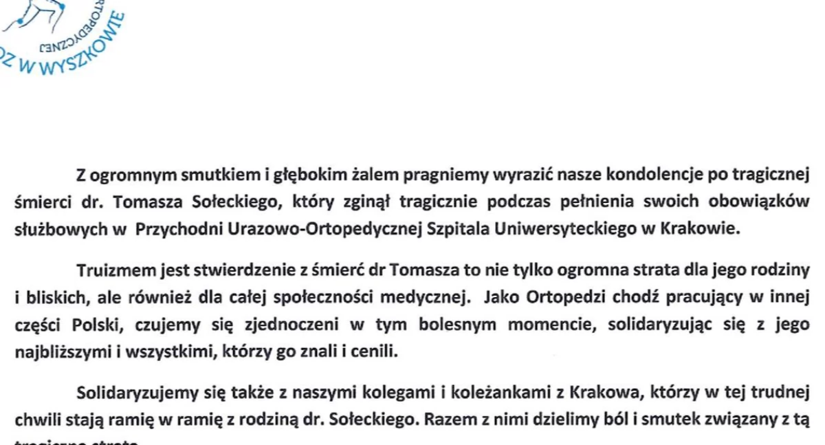 Medycy z wyszkowskiego szpitala solidarni z bliskimi zabitego lekarza z Krakowa