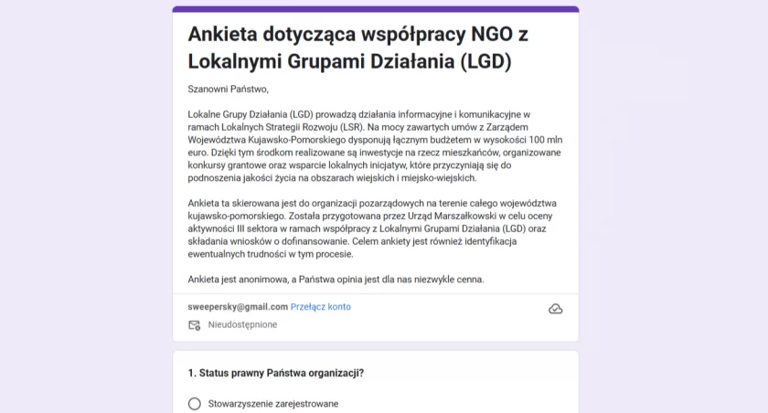 Kujawsko-pomorskie organizacje zaproszone do ankiety. Czy system wsparcia NGO i LGD działa skutecznie?