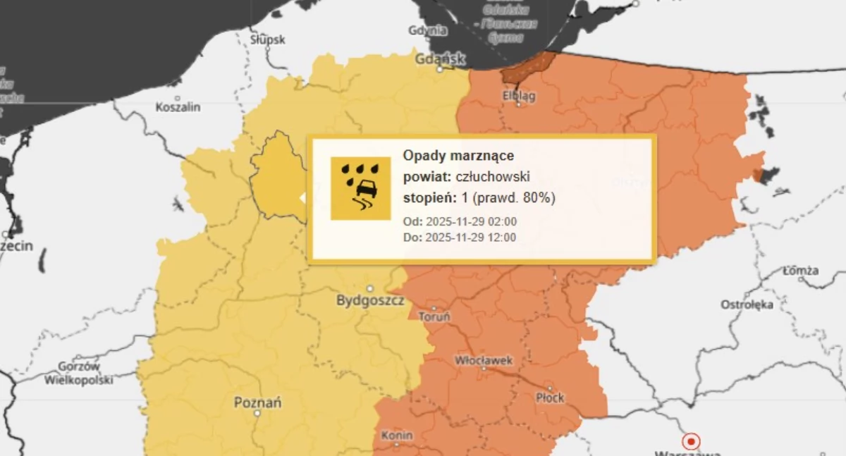 Ostrzeżenie IMGW dla powiatu chojnickiego. W nocy i nad ranem możliwa gołoledź