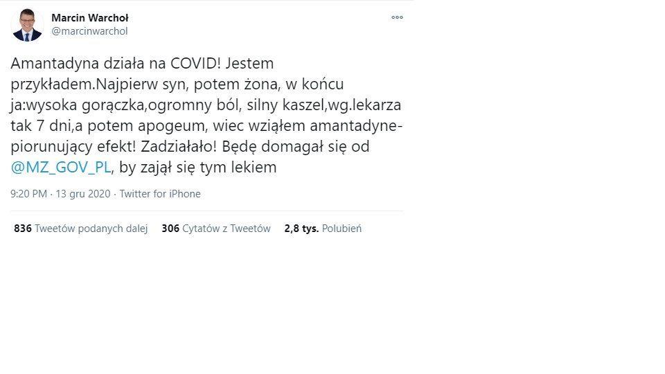 Wiceminister Marcin Warchoł leczył się amantadyną… i wywołał kolejną burzę wokół leku 