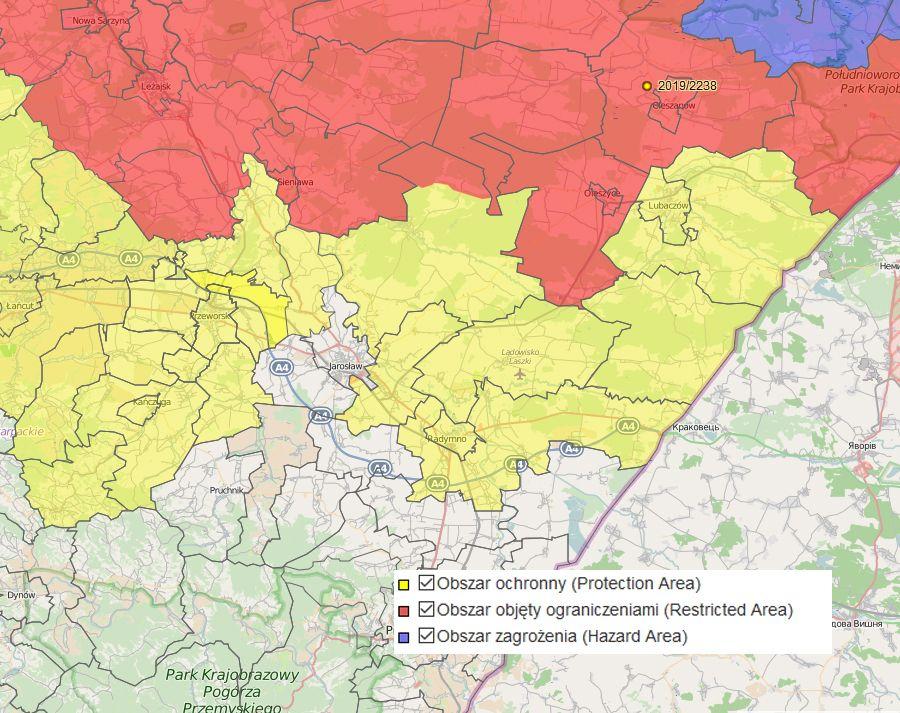 Przeworsk na żółto, Sieniawa i Adamówka na czerwono
