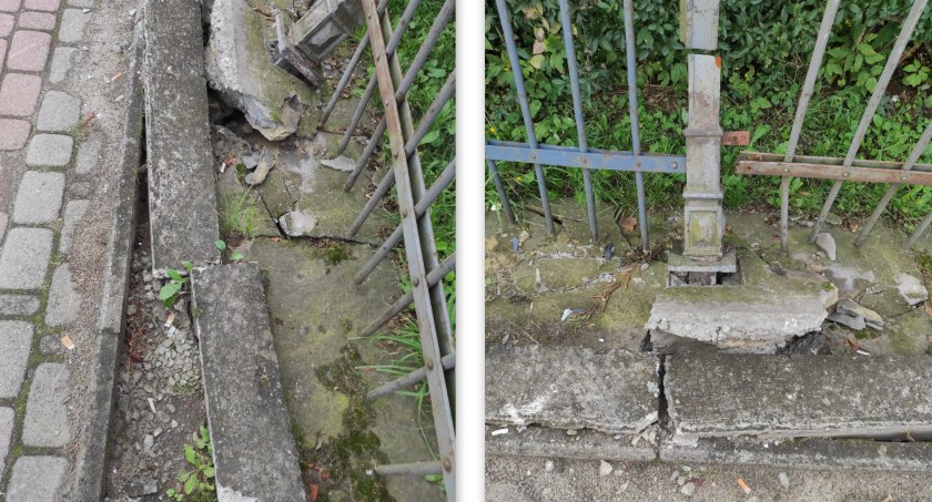 Sygnały Czytelników: ogrodzenie na ulicy Jagiellońskiej – jak było uszkodzone po wypadku, tak jest nadal