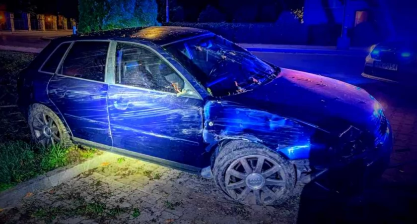 Kierujący audi na łuku drogi zjechał z jedni, uderzył w znak drogowy i uciekł