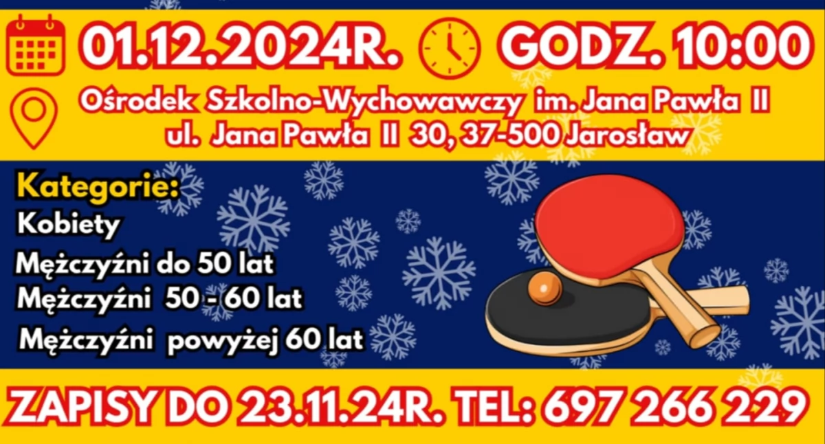 Zapraszamy na Mikołajkowy Turniej Tenisa Stołowego w Jarosławiu