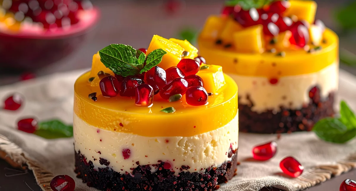 Mini serniczki z mango, marakują i granatem na spodzie Oreo