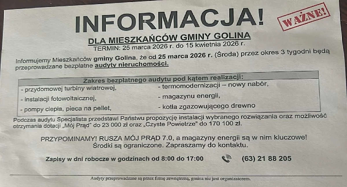 Ostrzeżenie dla mieszkańców gminy Golina – ulotki o darmowych audytach energetycznych i pompach ciepła
