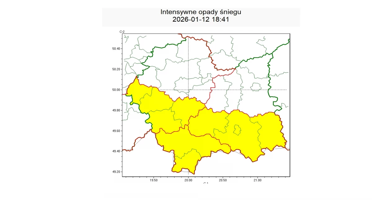 IMGW ostrzega: intensywne opady śniegu w powiecie myślenickim 13.01.2026 r.