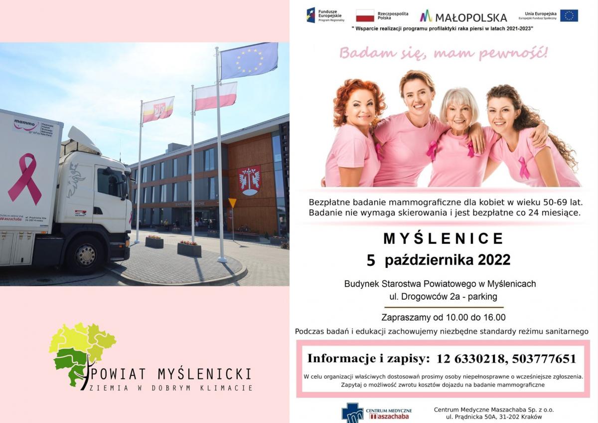 Bezpłatne badania mammograficzne dla kobiet w wieku 50-69 lat. Myślenice 5.10.2022