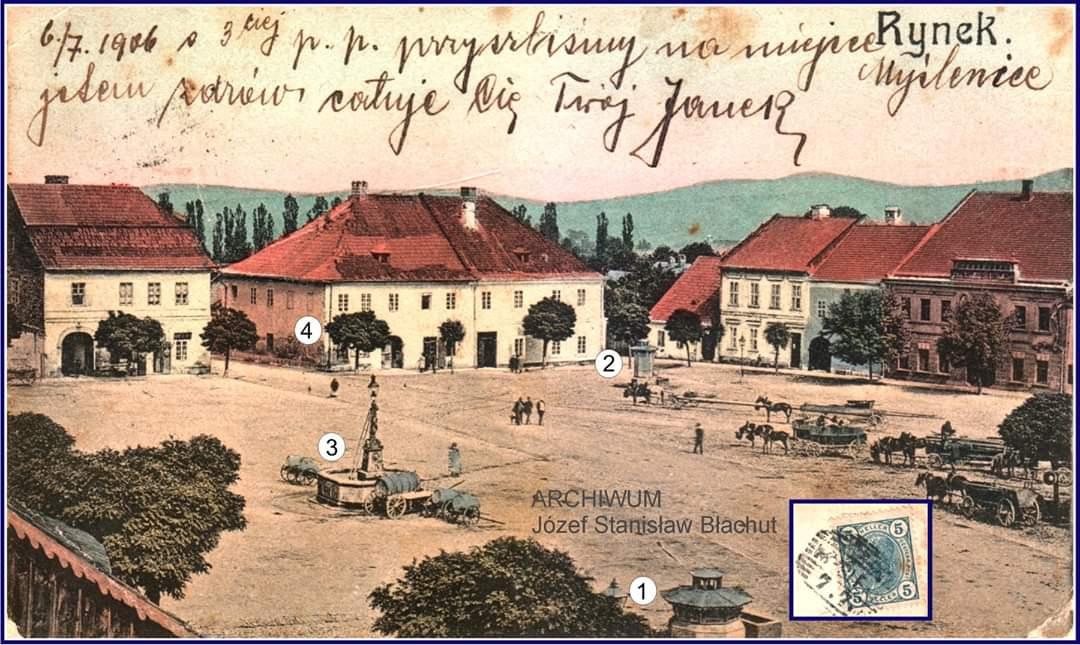Perły Myślenic. Rynek początek XX wieku - panorama południowo-wschodniej pierzei