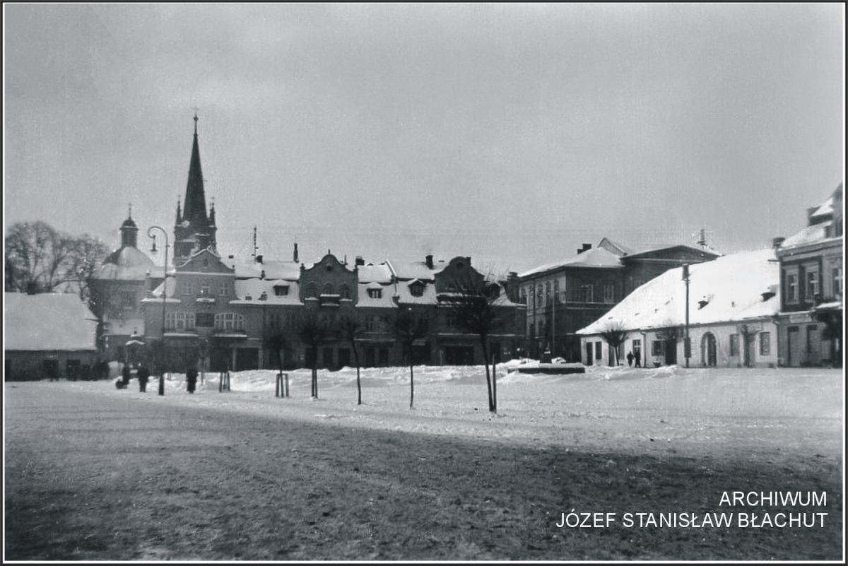 Perły Myślenice. Rynek zimową porą lata 30. XX wieku