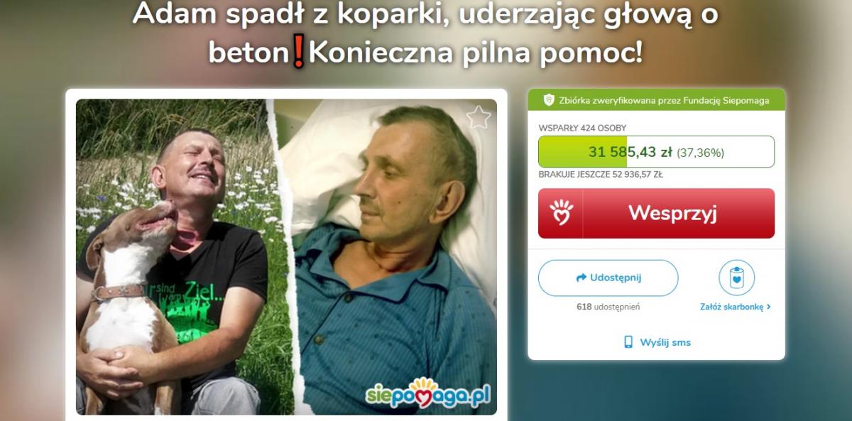 Adam spadł z koparki, uderzając głową o beton. O pilną pomoc prosi żona Ewa