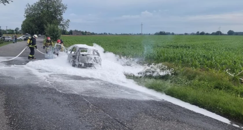 Osobówka doszczętnie spłonęła. W akcji zastępy straży pożarnej 