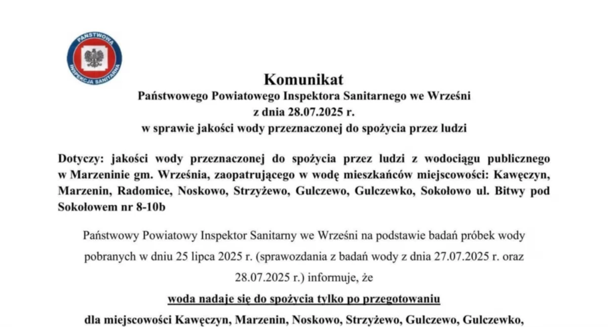 Najnowszy komunikat w sprawie wody w gminie Września!