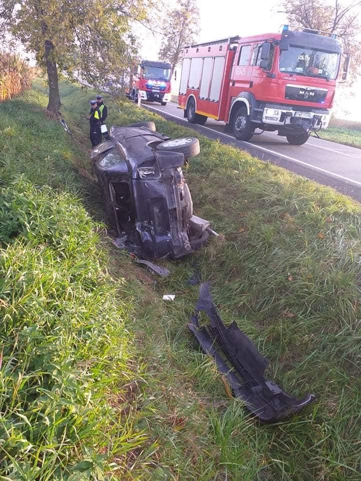 Osobówka dachowała w rowie po zderzeniu z dzikiem