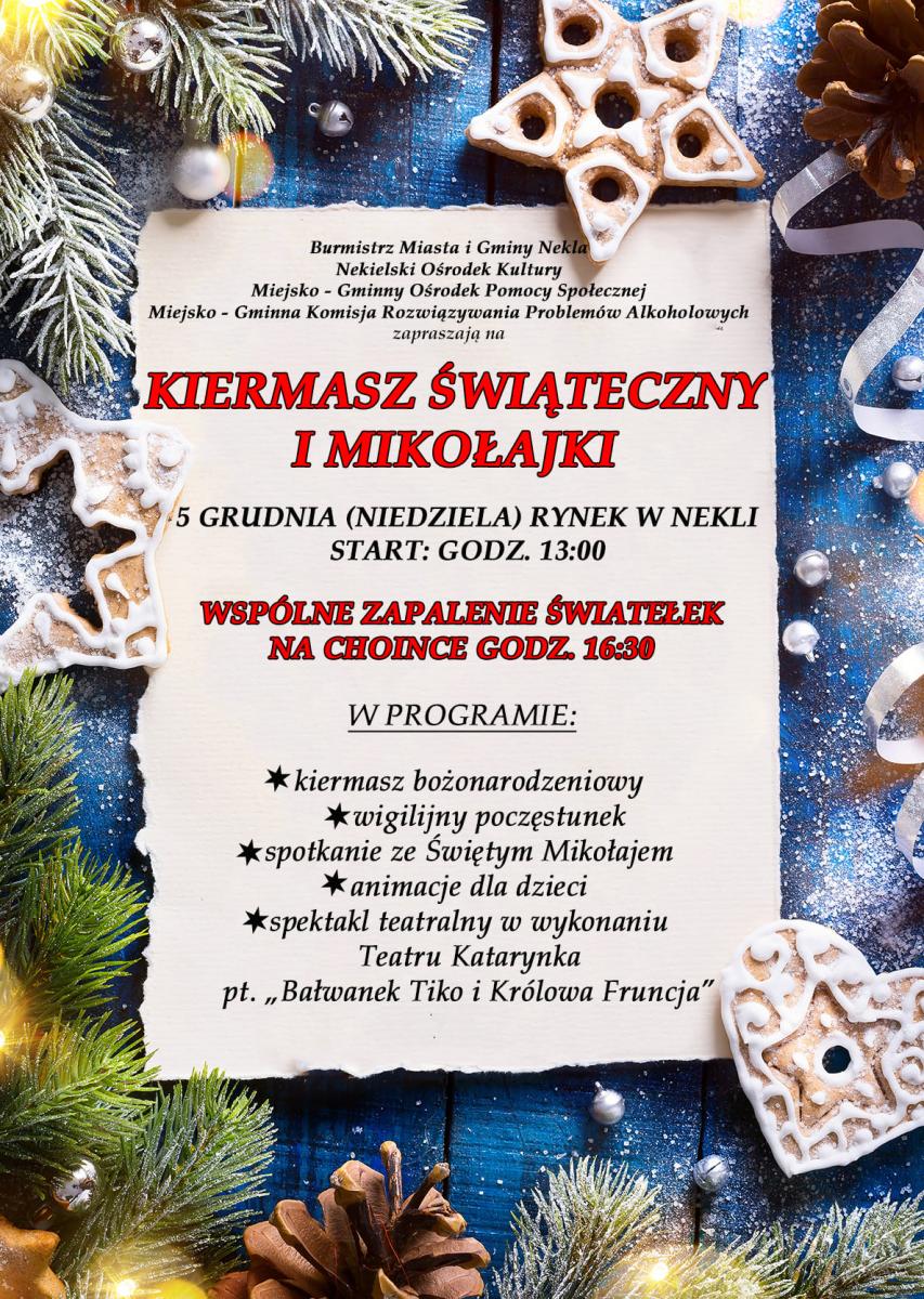 Zaproszenie na świąteczny kiermasz i Mikołajki w Nekli
