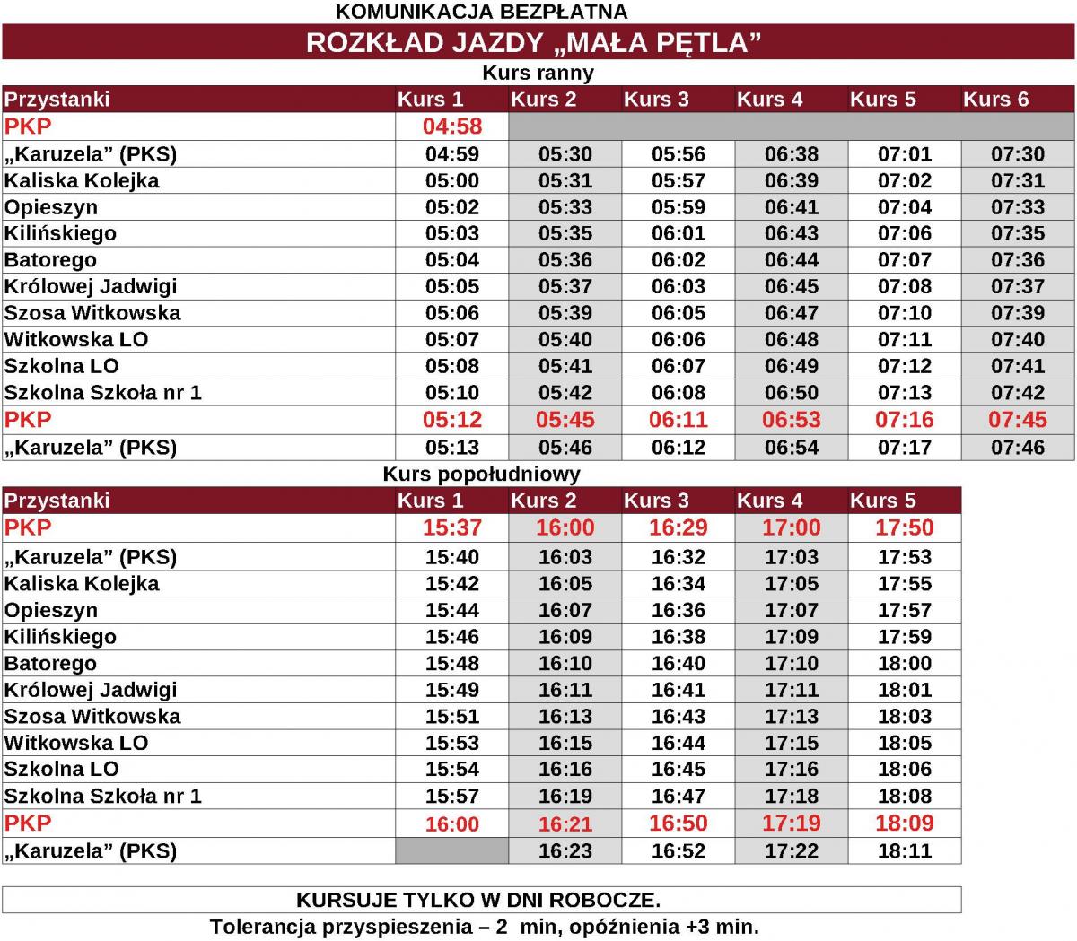 Zmieniony rozkład bezpłatnego autobusu