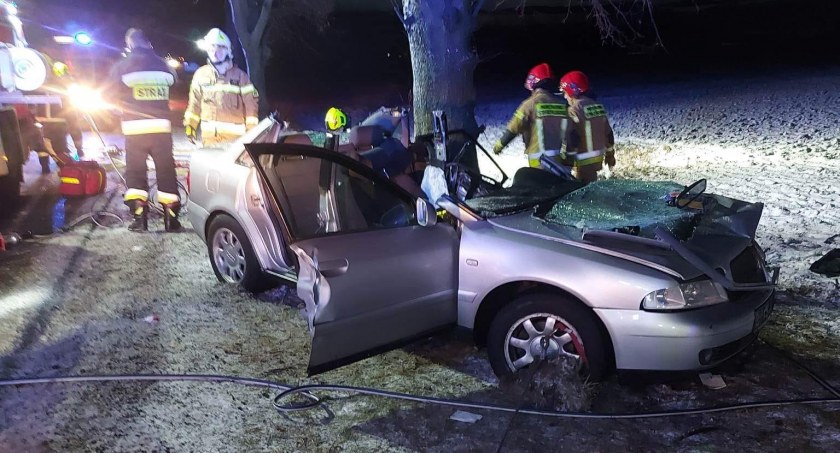 Samochód uderzył w drzewo. Wypadek na DK10 [ZDJĘCIA]