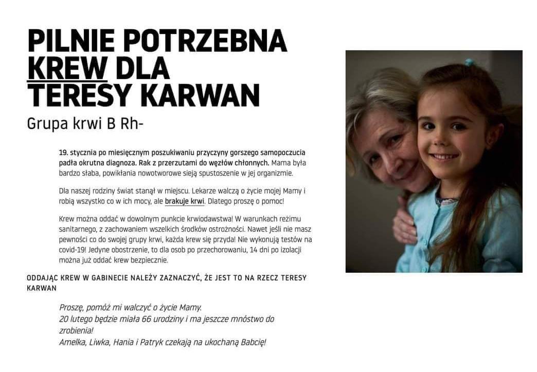 Pani Teresa walczy z rakiem. Potrzebuje krwi B Rh-